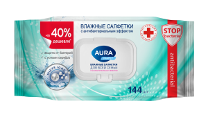AURA FAMILY Влажные салфетки с антибактериальным эффектом big-pack с крышкой 144шт