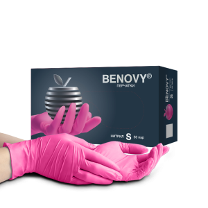 Перчатки медицинские смотровые нитриловые BENOVY (фуксия), ХS №50/500 с ЧЗ