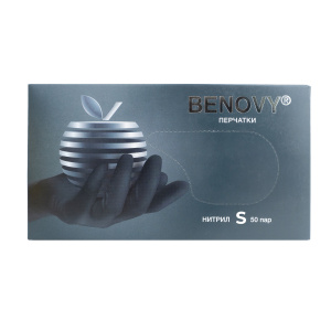 Перчатки медицинские смотровые нитриловые BENOVY (черные), S №50/500 с ЧЗ.
